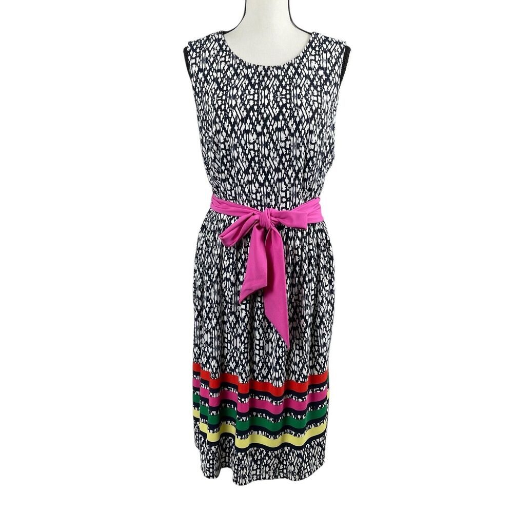 Eliza J Women's Fit & Flare Dress 16W Black White Sleeveless Belted Stripe Hem